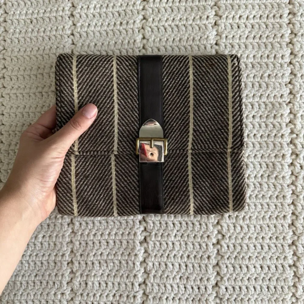 VTG Dual Pocket Clutch Purse Handbag With Brown Wool Herringbone Made In England